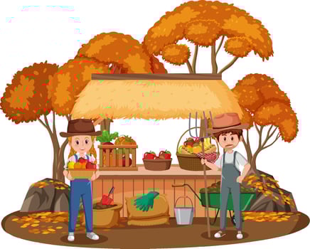 Male and female farmers with vegetables vector