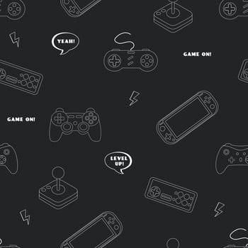 Cute Seamless Outline Pattern In Pixel Game Style. Colorful Gamer Template With Gamepads vector