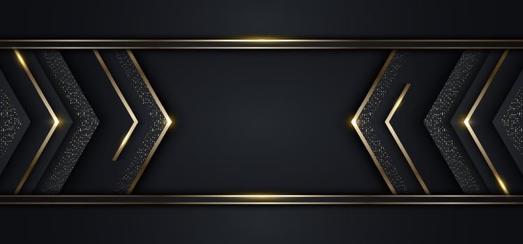 Modern luxury banner template design black arrow triangles and golden glitter 3D gold stripes line light sparking on dark background vector