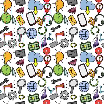 Colored seamless doodle pattern with business and technology set icons. Doodle vector with business icons on white background. Vintage technology icons,sweet elements background for your project