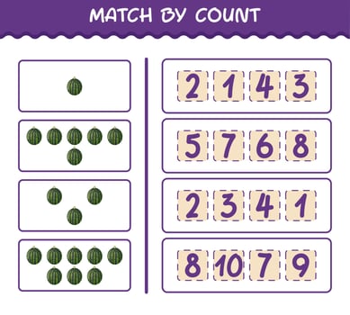 Match by count of cartoon watermelon. Match and count game. Educational game for pre shool years kids and toddlers vector