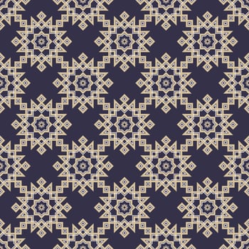 Geometric islamic or arabian star shape seamless pattern with contemporary blue and yellow gold color background. Use for fabric, textile, cover, interior decoration elements, wrapping. vector