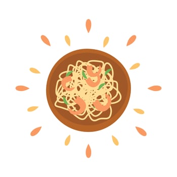 Abstract icon juicy spaghetti with shrimp with splashes isolated on white background - Vector
