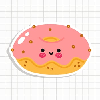 Funny cute happy donut characters. Vector kawaii line cartoon style illustration. Cute donut sticker in a notebook