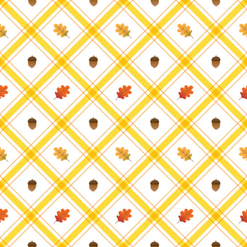Cute Oak Leaf Acorn Autumn Fall Element Yellow Orange Brown Diagonal Stripe Striped Line Tilt Checkered Plaid Tartan Buffalo Scott Gingham Pattern Illustration Wrapping Paper, Picnic Mat, Scarf vector
