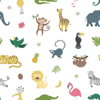 Vector seamless Pattern with cute exotic animals, leaves, flowers, fruits. Funny tropical repeat background with birds and plants. Bright flat illustration for children. Jungle summer texture