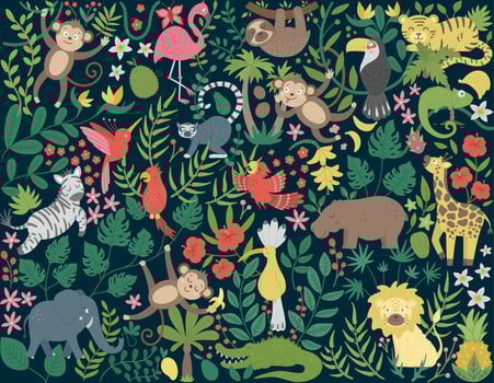 Vector background with cute exotic animals, leaves, flowers, fruits. Funny tropical scene with birds and plants. Bright flat illustration for children. Jungle summer clip art
