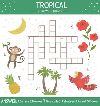 Vector summer crossword puzzle for kids. Quiz with tropical elements for children. Educational jungle activity with cute funny characters