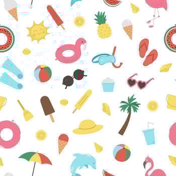 Vector seamless pattern with summer elements. Cute flat background for kids with palm tree, plane, sunglasses, funny inflatable rings. Vacation beach texture