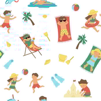 Vector summer seamless pattern with children doing summer activities. Repeat background with kids playing on the beach. Cute girls and boys swimming, playing ball, lying in the sun.