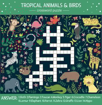 Vector summer crossword puzzle for kids. Quiz with tropical animals and birds for children. Educational jungle activity with cute funny characters