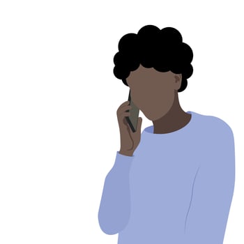 Portrait of a young dark-skinned girl with a phone in her hand, faceless vector illustration isolated on a white background
