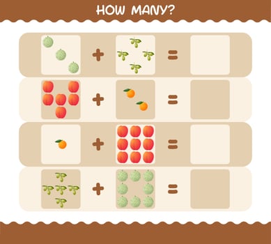 How many cartoon fruits. Counting game. Educational game for pre shool years kids and toddlers vector