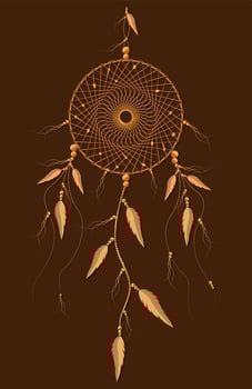 dreamcatcher with mandala ornament and bird feathers. Gold Mystic symbol, Ethnic art with native American Indian boho design, vector isolated on old vintage brown background