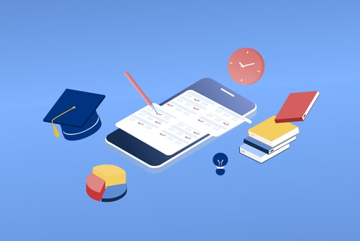 3D isometric page template for online examination on smartphone or computer. Online test, opinion checklist, online education, questionnaire form, survey metaphor, answer internet quiz. vector