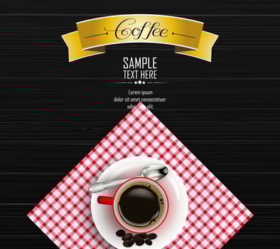 Red cup of coffee with yellow ribbon and coffee beans on dark wooden background vector
