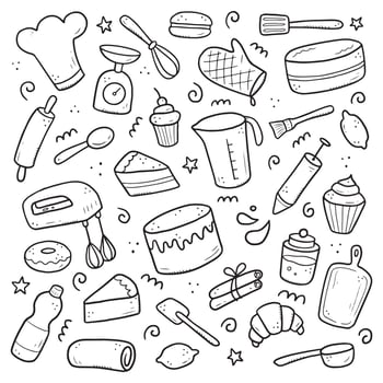 Hand drawn set of baking and cooking elements vector
