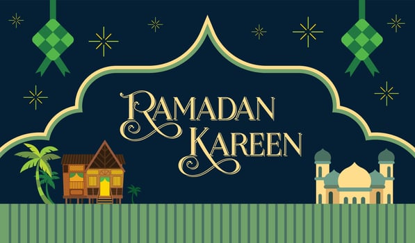 Ramadan kareem greeting and Islamic festival background with traditional village house and mosque budiling vector