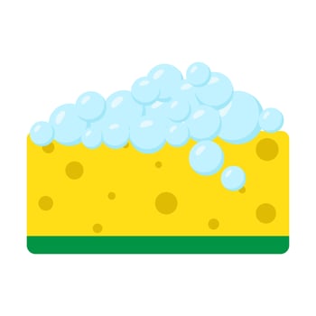 Yellow washing sponge with soap foam icon. Cartoon flat style. Template of cleaning supplies. Tool for kitchen, domestic household, washing or bathing vector