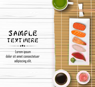Sushi, Japanese food on wooden table background vector