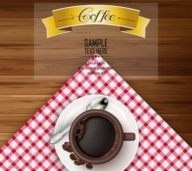 Cup of coffee with yellow ribbon and coffee beans on brown wooden background vector