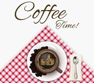 Cup of coffee with coffee beans and spoon on a tablecloth background vector