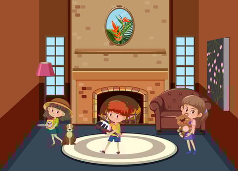 Living room scene with children cartoon character vector