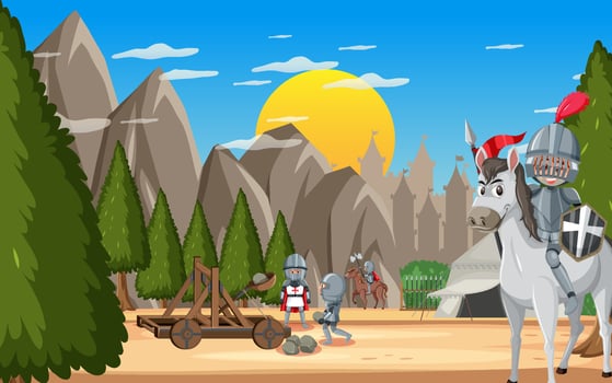 Military medieval camp with tents and warriors vector