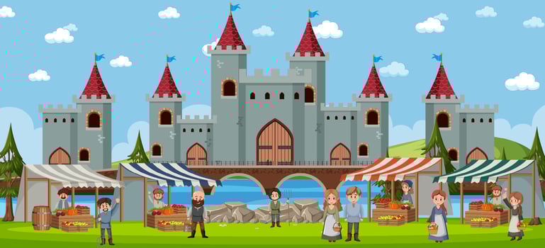 Medieval town scene with villagers at the market vector