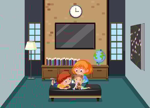 Living room scene with children cartoon character vector
