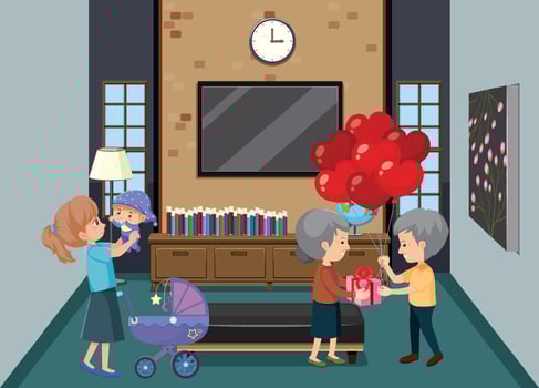 Living room scene with family members vector