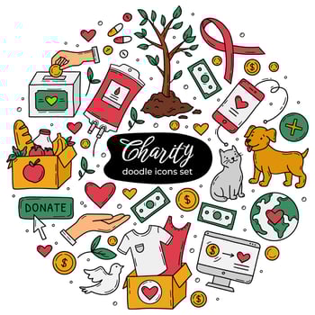 Charity and donations vector doodle icons set. Animal help, clothing, food and medicine, blood donation and awareness ribbon. Symbols of support in the hands. Money transfer from volunteers