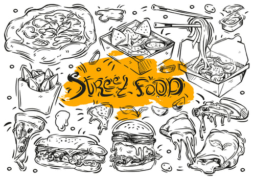 Hand drawn vector line illustration on white background. Doodle collection street food menu, burger, sandwich, noodles, pizza, nachos, potato wedges, calzone, sauce