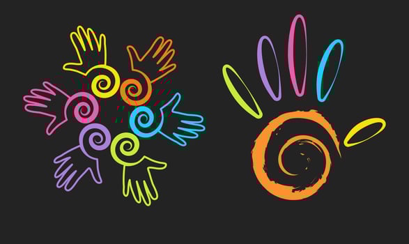 Colorful and rainbow palms. Logo, concept of equality, friendship and cooperation. eps 10 vector