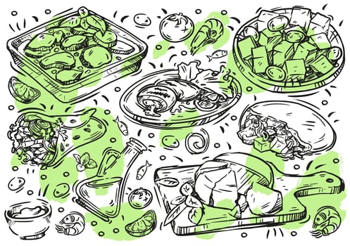 Hand drawn line vector illustration food. Doodle Greek cuisine on white board, olives and olive oil, moussaka, grilled meat, gyros, souvlaki, hummus, cheese, greek salad, sauce