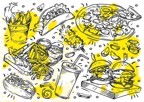 Hand drawn vector line illustration on white background. Doodle collection street fast food menu, craft burger, tortilla, pizza pepperoni, french free, potato wedges, soda drink, sauce, hot-dog
