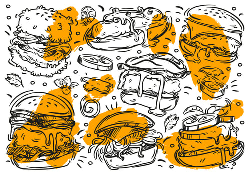 Hand drawn line vector illustrations food with graphic of burger on the white background. Vintage elements, ingredients, sauce