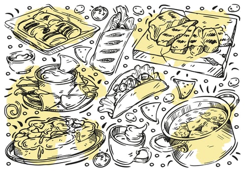 Hand drawn line vector illustration food. Doodle Mexican cuisine, grilled meat, classic tres leches cake, pico de gallo, taco, burrito, salsa, nachos, coffee, sauce, pancakes, shawarma, vegetable stew