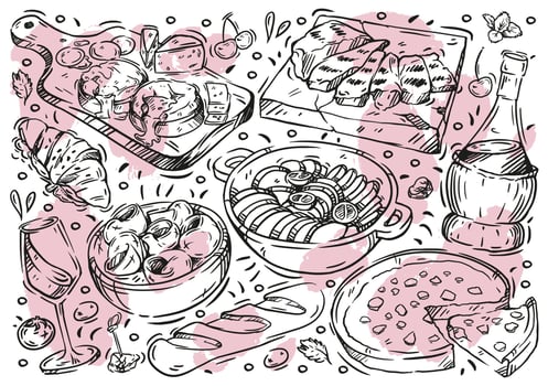 Hand drawn line vector illustration food on white board. Doodle French cuisine, ratatouille, blue cheese, wine, baguette, pie, snails, croissant, grill meat