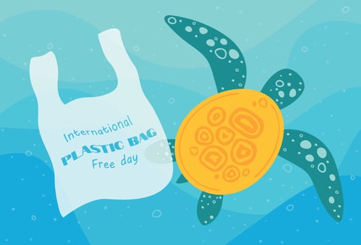 International plastic bag free day. Say no to plastic. Go green. Save nature. Save ocean. World ocean day. Sea turtle and plastic bag inocean. Vector bunner