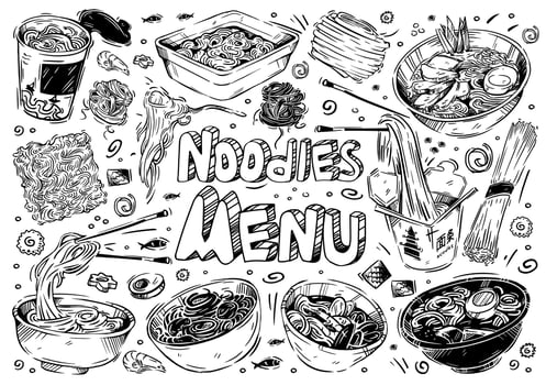 Hand-drawn sketches of food. Vector illustration. Doodle types of noodles, udon, soba, funchose, wok