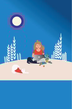 Woman illustration  sitting with cats and laptop flat vector illustration freelance ,study, concept ,cute
