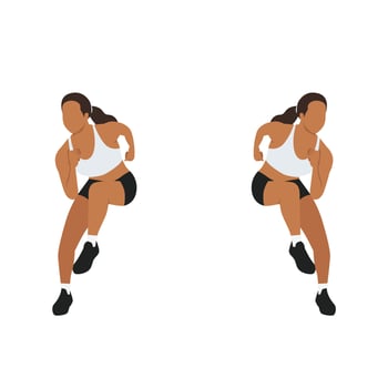 Woman doing heisman Shuffle side to side ice skater jumps exercise. Flat vector illustration isolated on white background