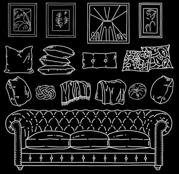 Home room interior constructor. Hand drawn furniture loft style. Vector illustration with sofa, pillow, plaid, picture on the wall.