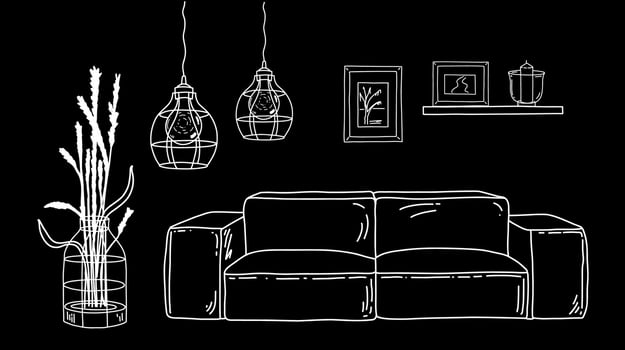 Vector line sketch of living room. Hand drawing furniture. Line art. Interior design with sofa, light hanging lamp, home plants, frames on the wall.