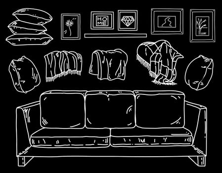 Set of isolated home interior elements. Furniture in hand drawn doodle style. Collection with sofa, pillow, plaid, picture on the wall. Vector illustration.