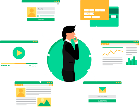 People Online Web Life from video, blog, social networks, online shopping and email. Graphic user interface and web pages forms and elements png