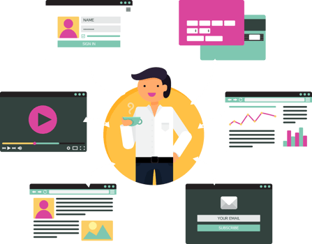People Online Web Life from video, blog, social networks, online shopping and email. Graphic user interface and web pages forms and elements png