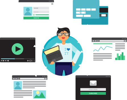 People Online Web Life from video, blog, social networks, online shopping and email. Graphic user interface and web pages forms and elements png
