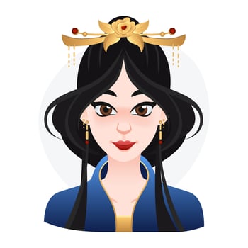 Cartoon oriental beautifull woman. Long black hair with crown on top. Asian princess illustration for web, game or advertisign vector